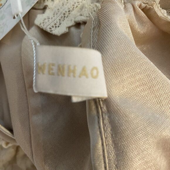 Fairy Goddess Dress Fairytale Ethereal Gown Tan Pleated Bows Romantic Small Midi - Picture 15 of 16